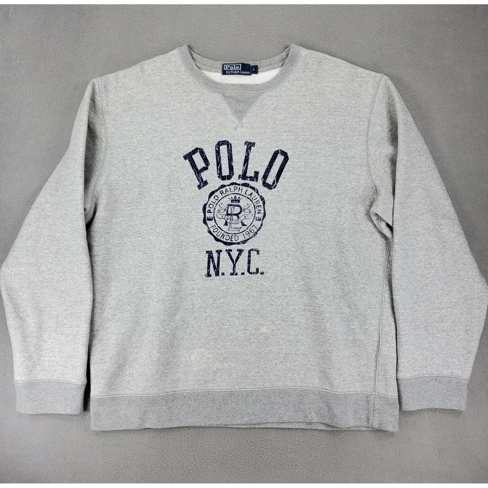 Polo Ralph Lauren Sweatshirt Men L Gray NYC Collegiate Graphic Pullover V-Stitch